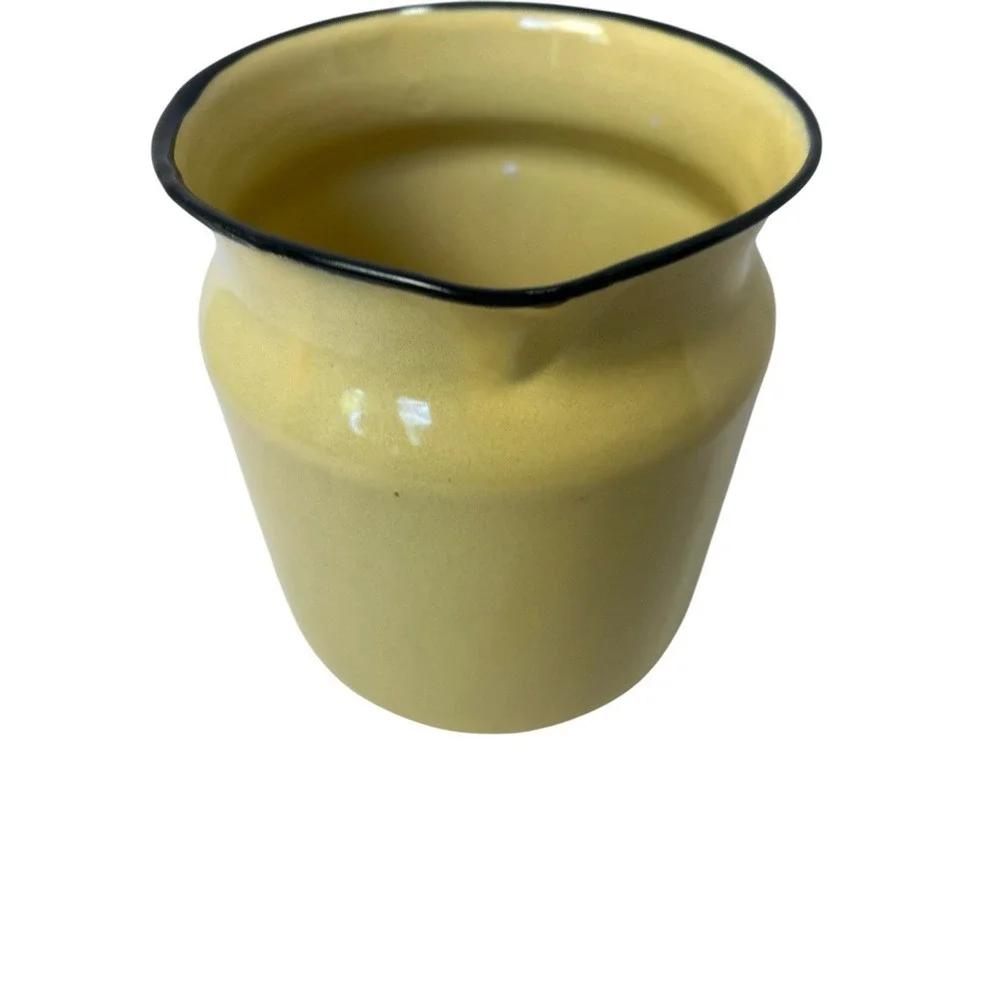 Vtg Enamelware Pitcher Yellow Black Trim Farmhouse Cottagecore Rustic